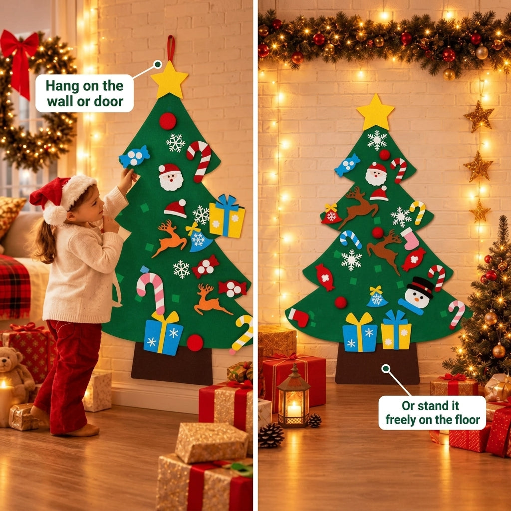 Child placing a felt ornament on the wall-hanging felt Christmas tree at home