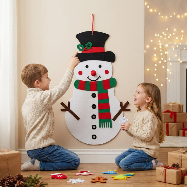 Children admiring the Snowmerry felt snowman wall hanging