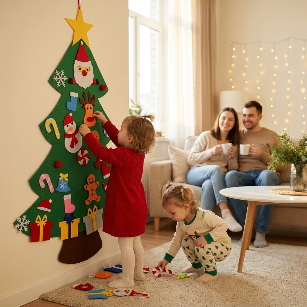 Two toddlers in Christmas outfits decorating a green felt Christmas tree hanging on a cream living room wall