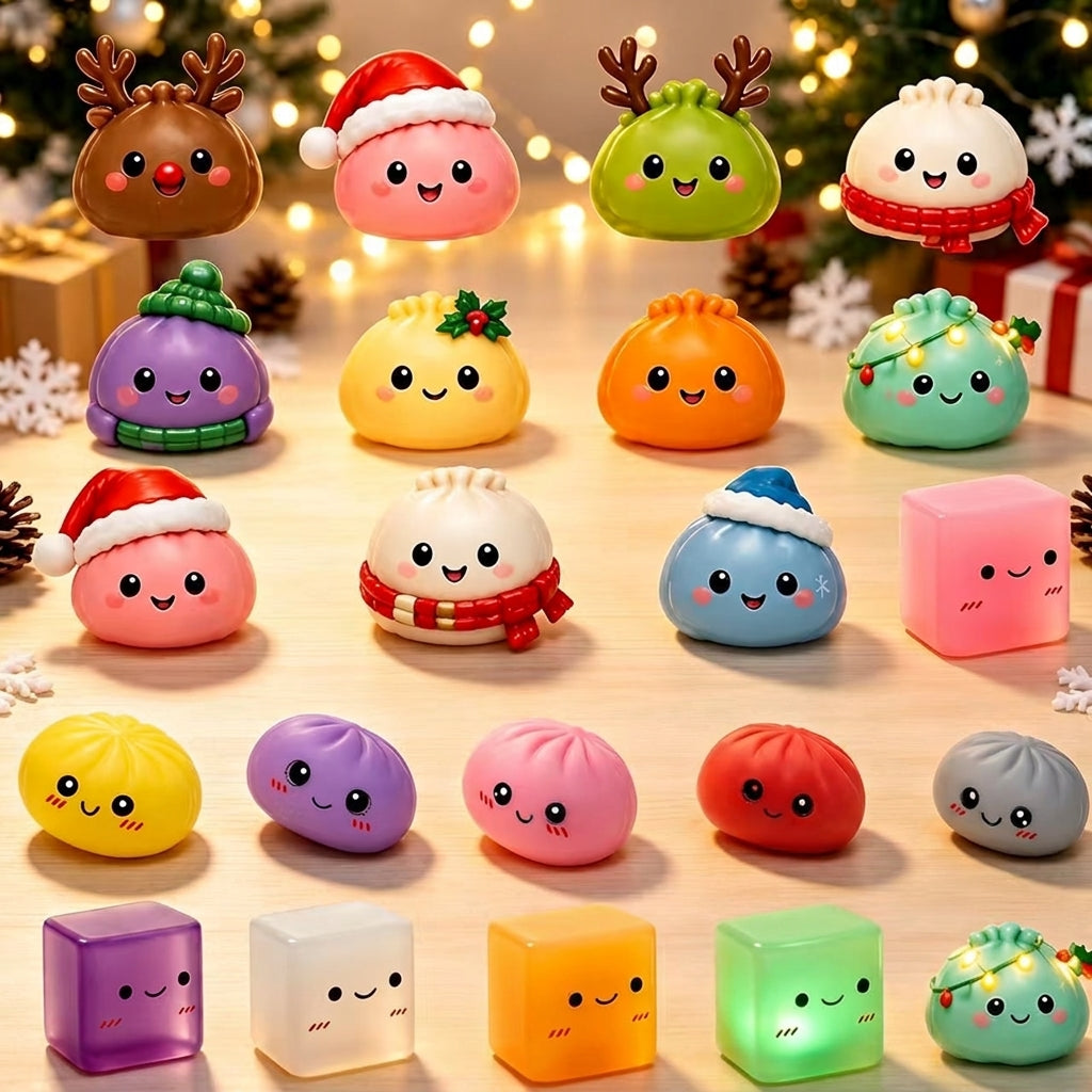 Advent calendar with doors open to reveal squishy dumpling toys