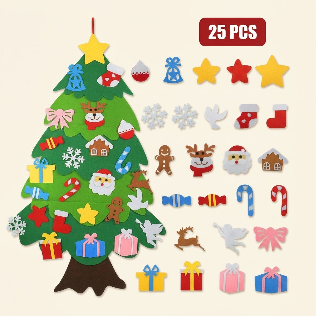 Green felt Christmas tree for kids with its full set of detachable felt ornaments laid out beside it