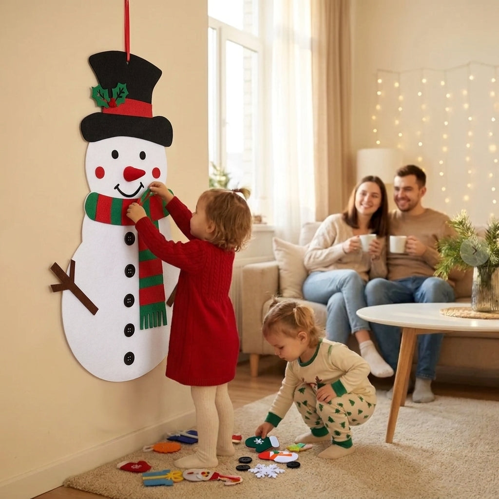 Family decorating a felt snowman wall hanging together