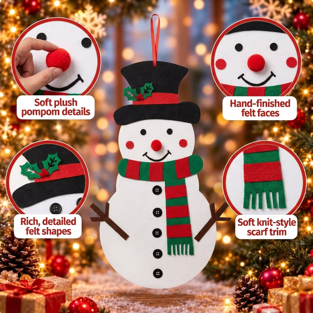 Felt snowman kit with every detachable piece laid out
