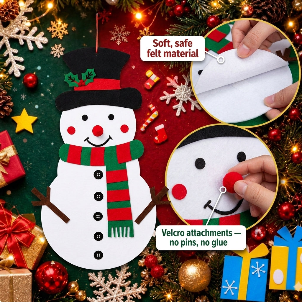 Felt snowman for kids with its hat, scarf, nose and buttons attached