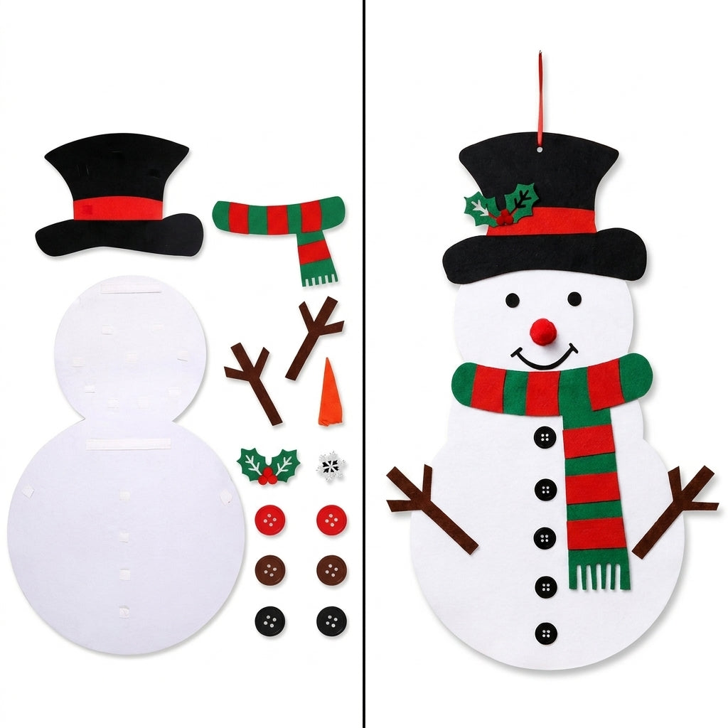 Felt snowman shown as loose felt pieces next to the finished snowman