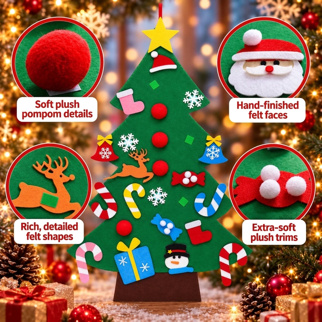 Infographic showing what's included in the felt Christmas tree set
