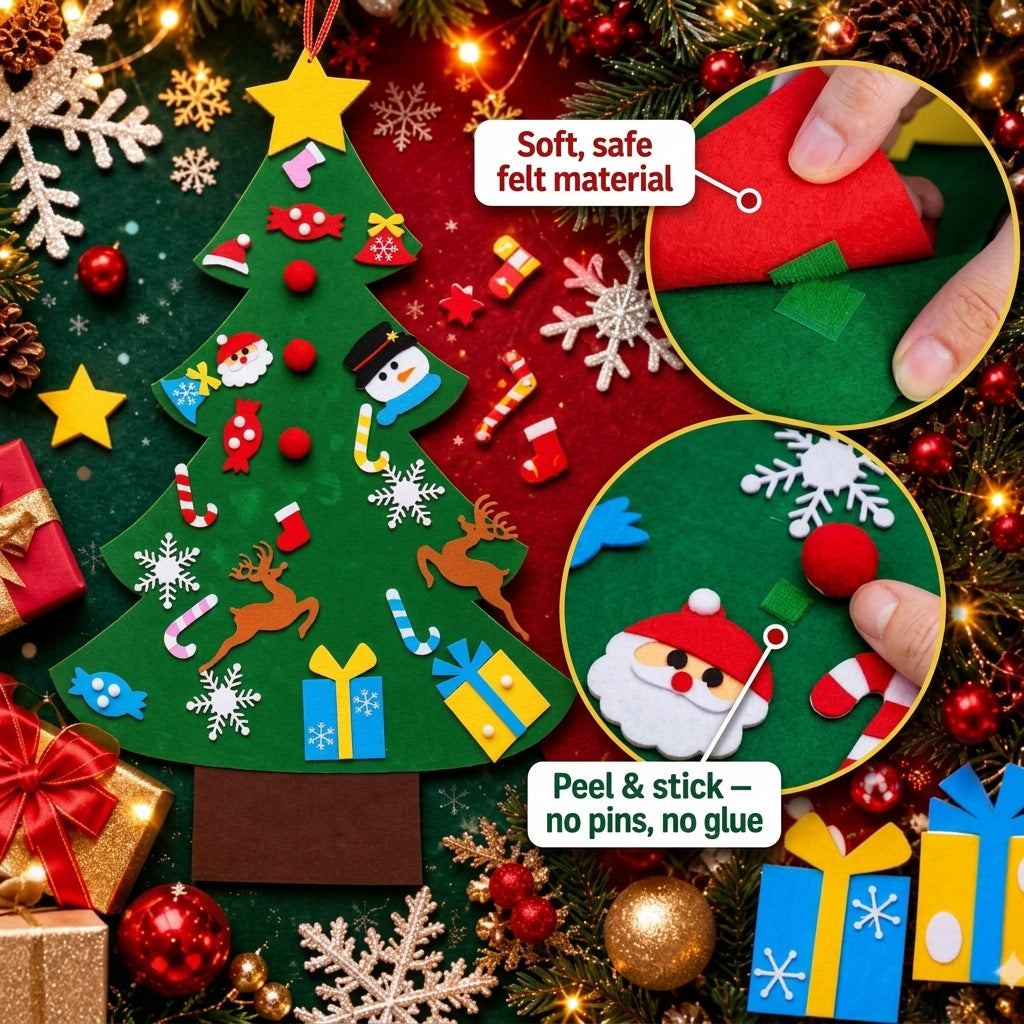 Infographic highlighting the features of the felt Christmas tree for kids