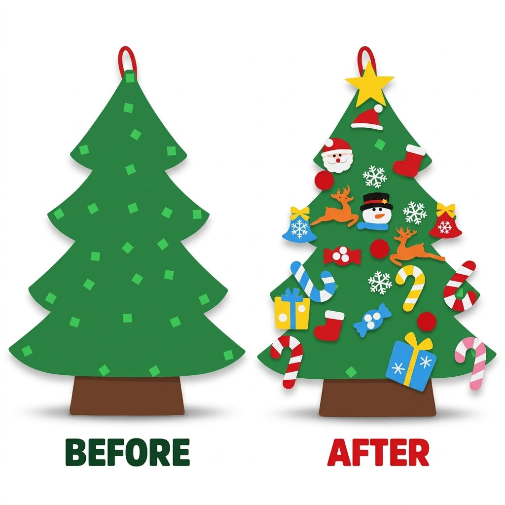 Felt Christmas tree for kids decorated with stick-on felt ornaments