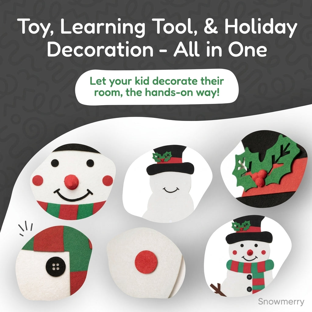 Felt snowman wall hanging for kids with velcro hat, scarf, arms, nose and buttons