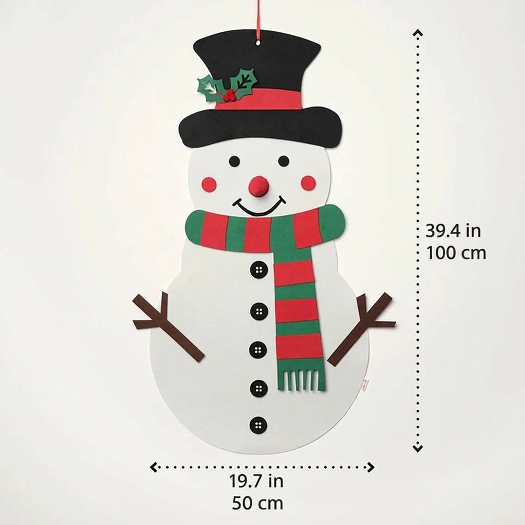 Soft felt snowman that toddlers build and rebuild with detachable pieces
