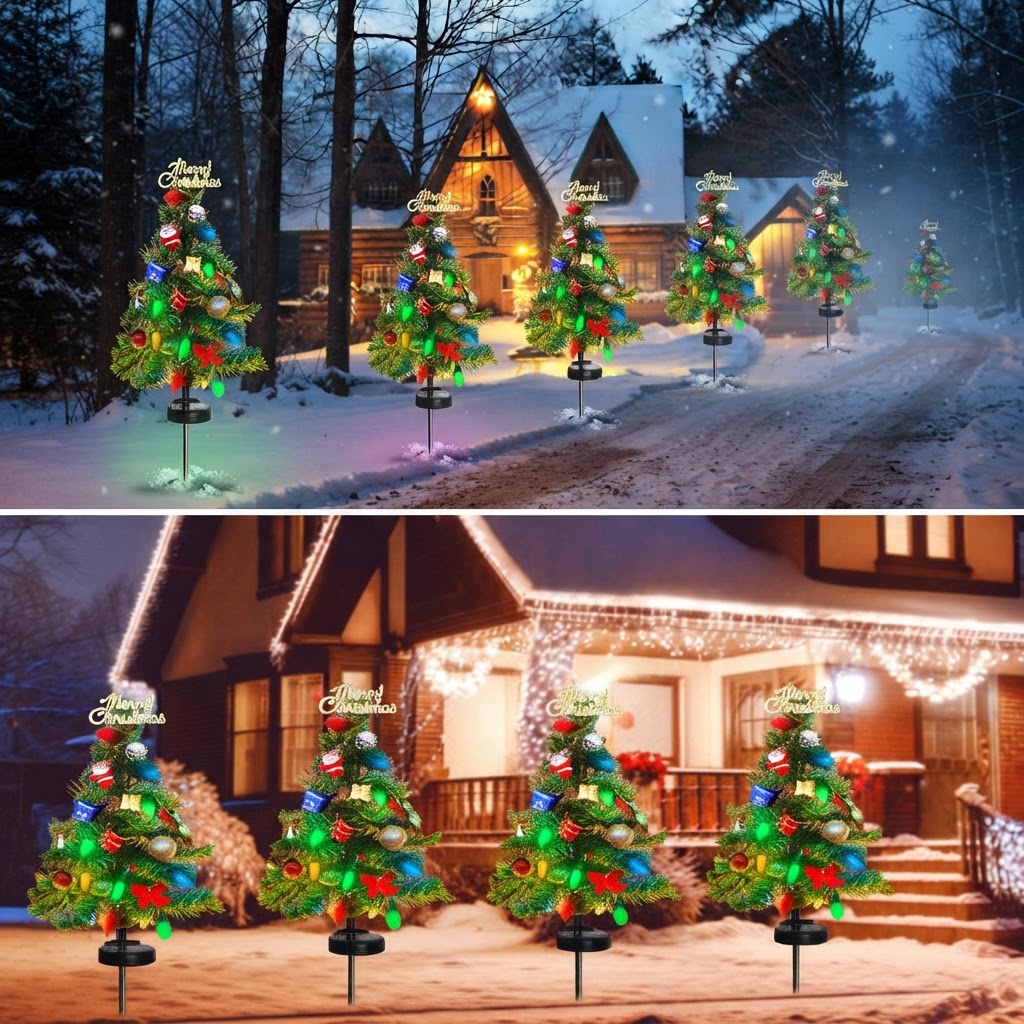 Solar Christmas tree stake lights lining a snowy driveway and front porch at night