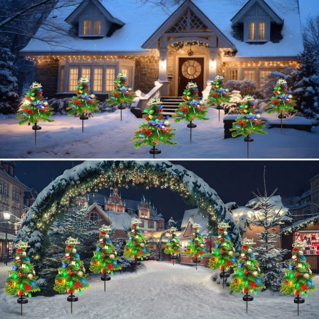 Solar Christmas tree pathway lights along a snowy front walk and a festive village street