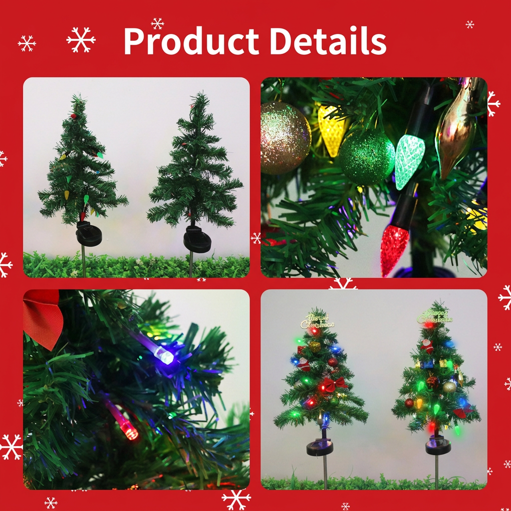 Close-ups of the solar Christmas tree's pine branches, multicolor LED bulbs and solar panel