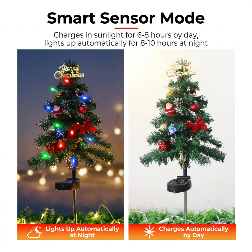 Solar Christmas tree charging in sunlight by day and lighting up automatically at night