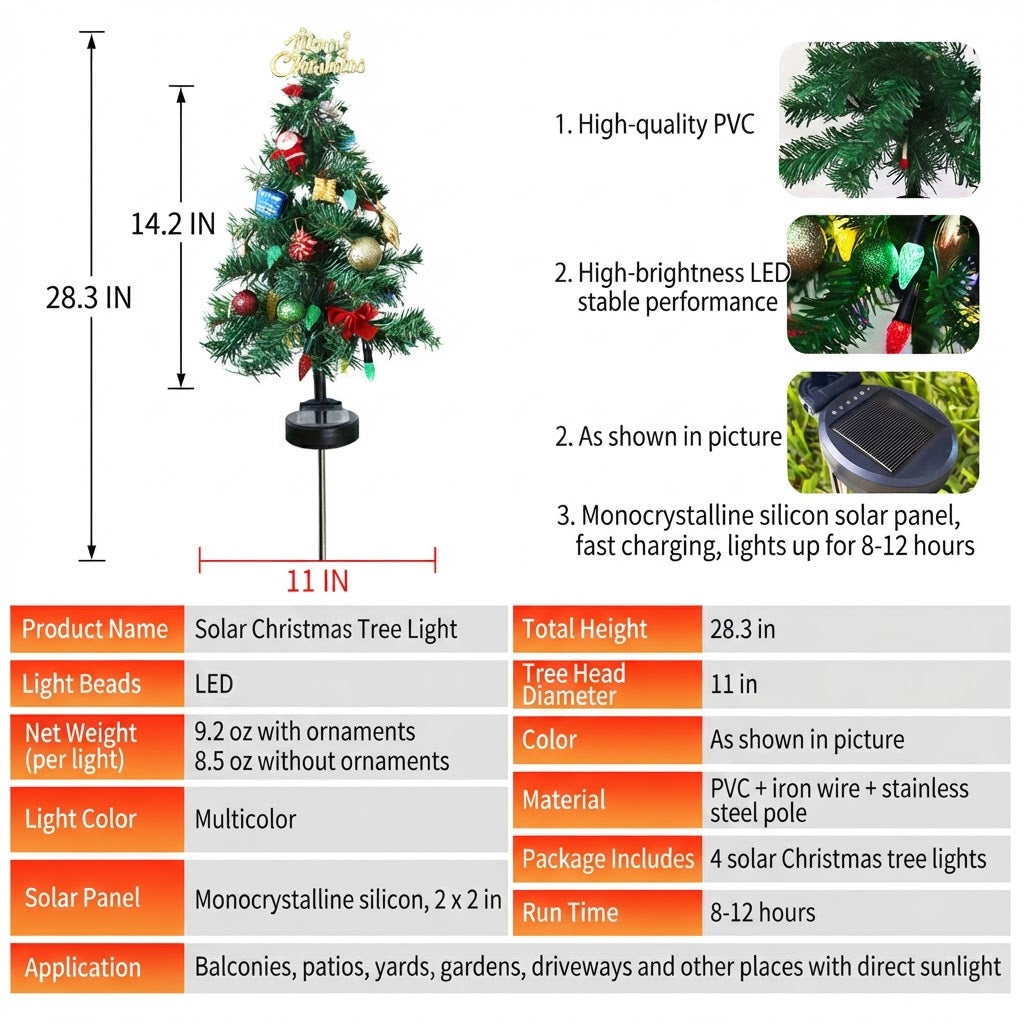Solar Christmas tree light spec chart: 28.3 in tall, 11 in wide, multicolor LEDs, PVC tree with steel stake