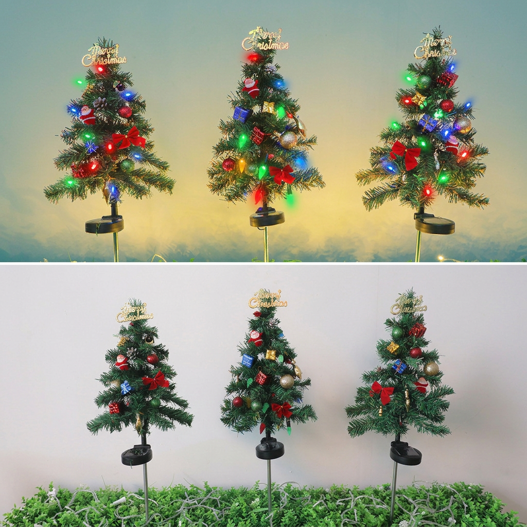 Three solar Christmas tree stake lights shown lit at dusk and unlit on a lawn in daylight
