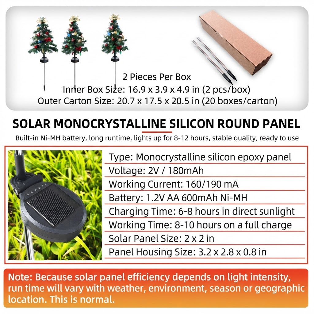 Solar panel specs: monocrystalline panel, 1.2V AA 600mAh Ni-MH battery, 6–8 hour charge, 8–10 hour runtime
