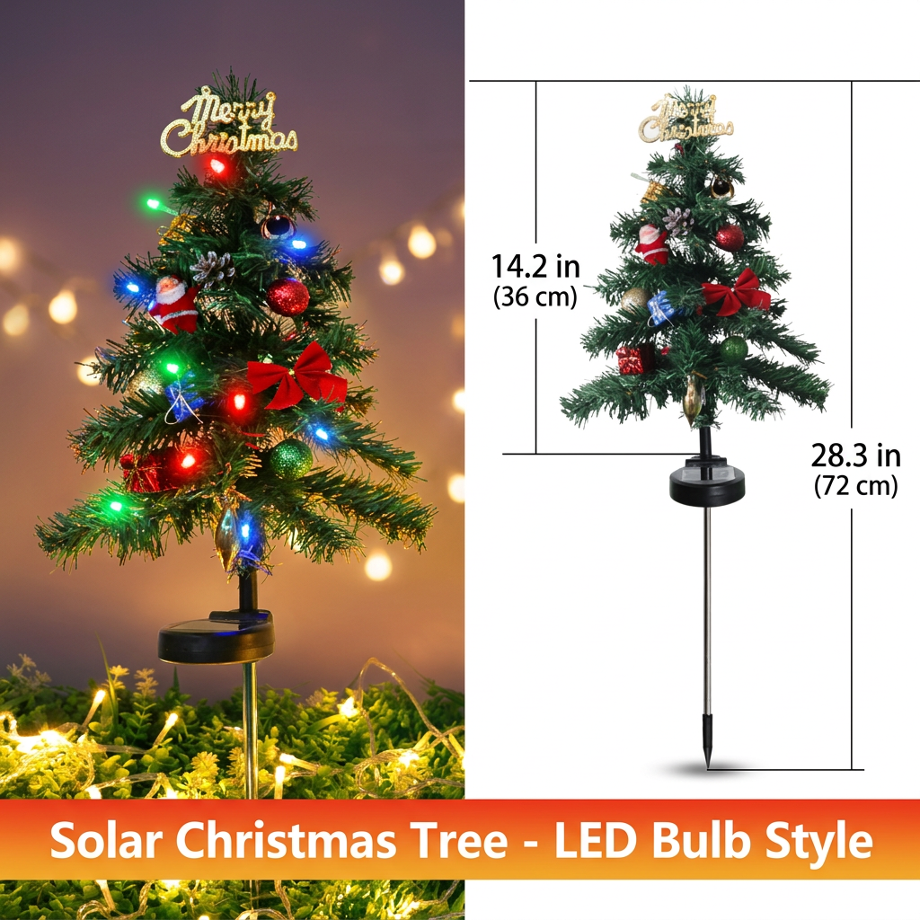 Solar Christmas tree stake light dimensions: 28.3 in (72 cm) tall overall with a 14.2 in (36 cm) tree