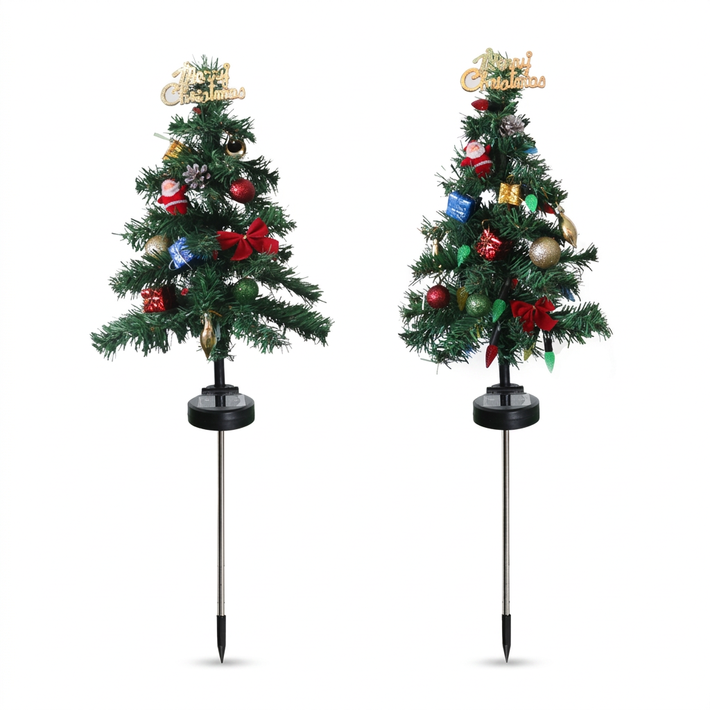 Two solar Christmas tree stake lights with red bows, ornaments and Merry Christmas toppers on a white background